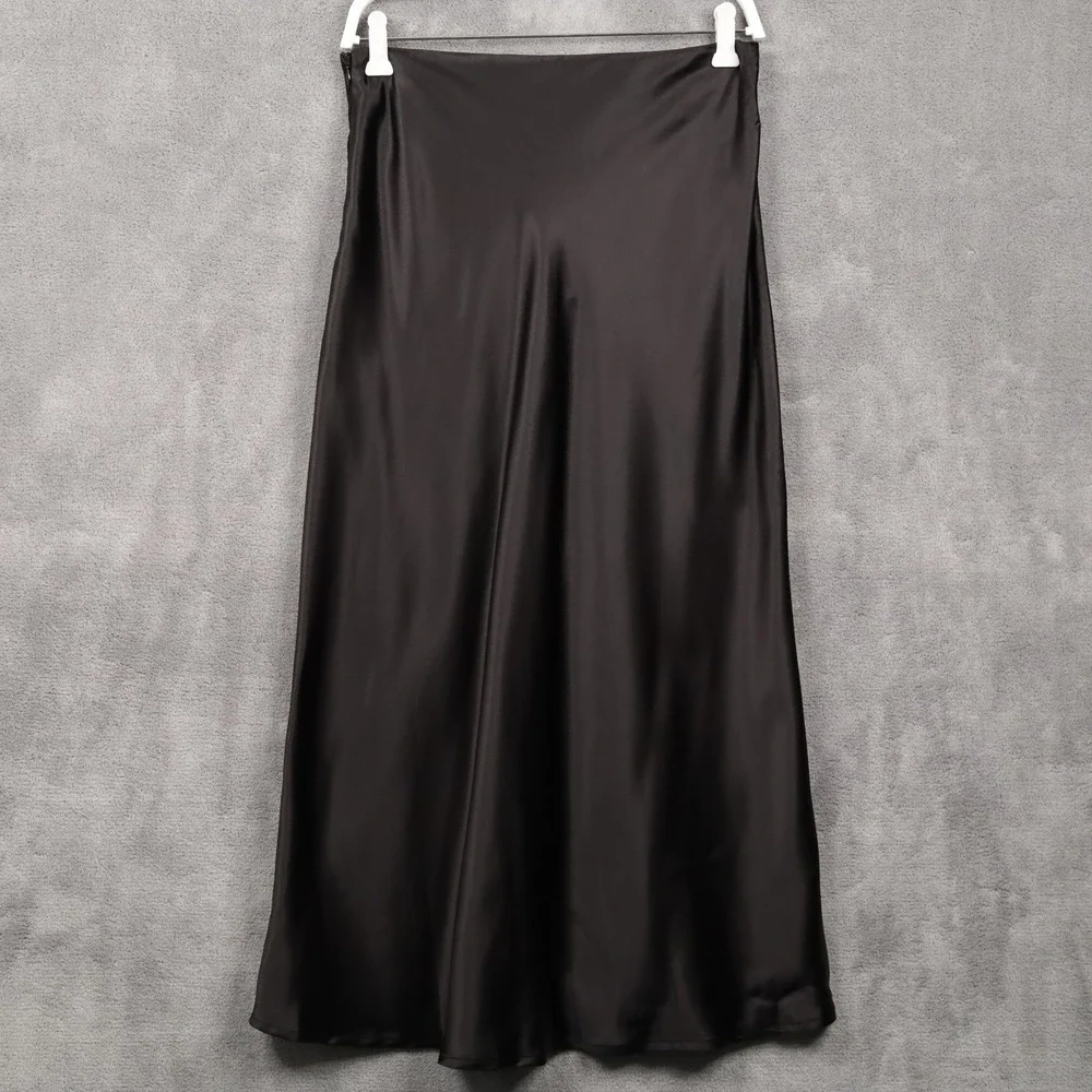 LULUS Smooth‎ Sophistication Black Satin Midi Skirt Side Slit High Waisted M NWT